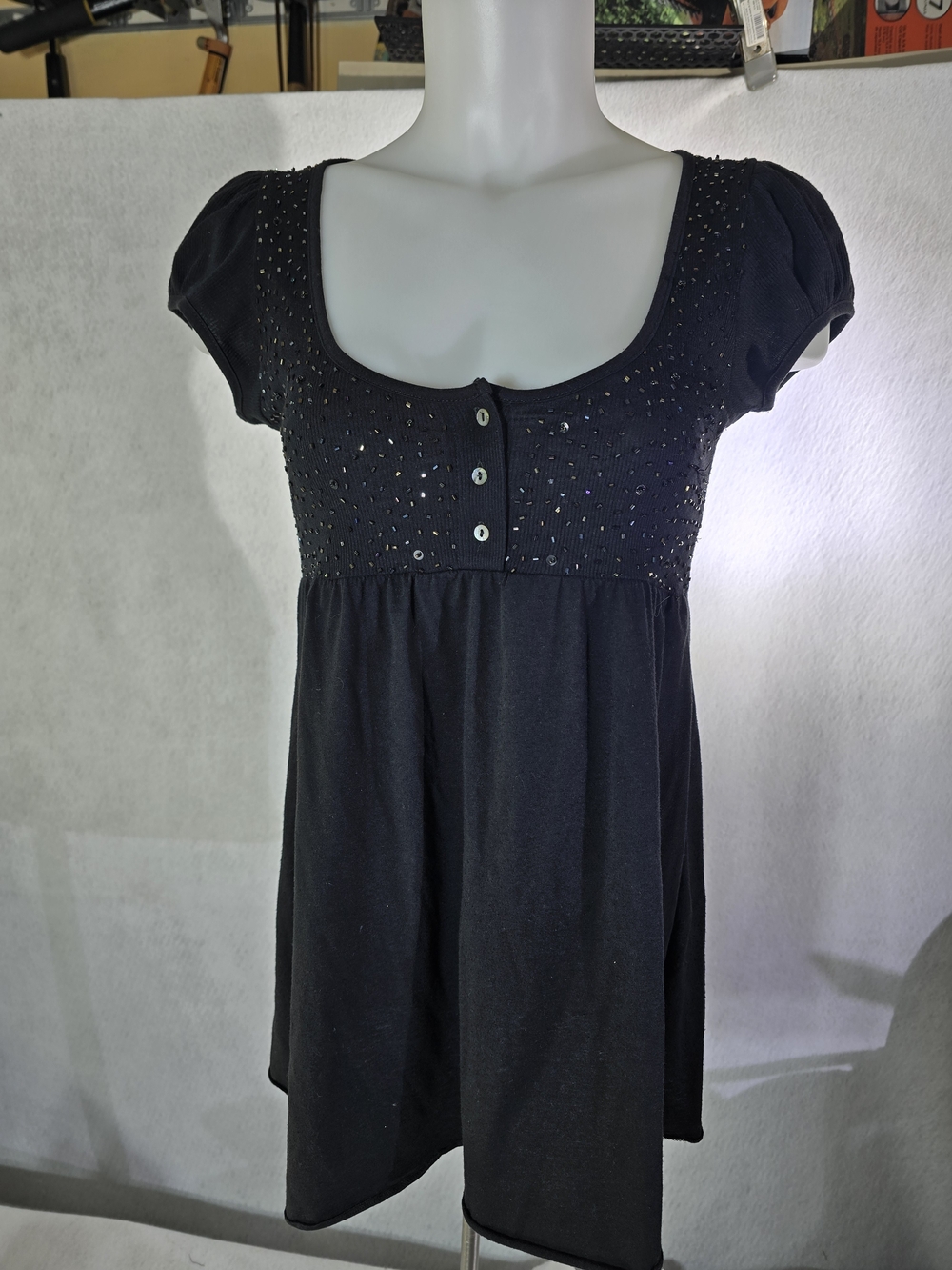 Embellished Black Scoop-Neck Short Sleeve Tunic By Next Era Couture Size M